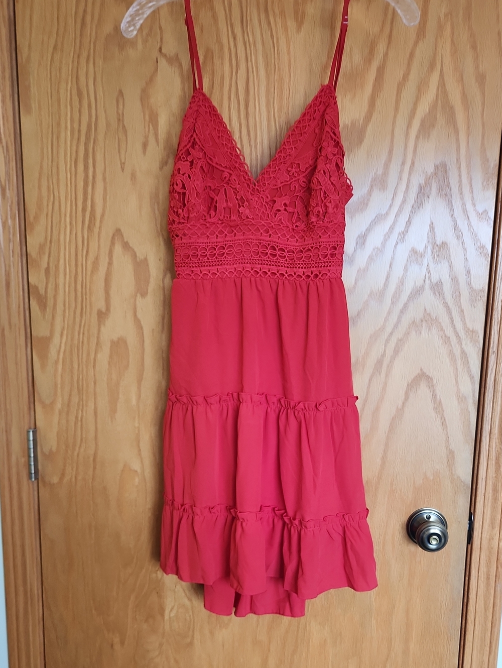 Lace-Trim Red Mini Dress with Spaghetti Straps